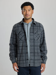 A man wearing a dark gray and black plaid button-up flannel shirt over a light blue-gray t-shirt, paired with dark navy pants, against a solid light gray studio background. | Forged