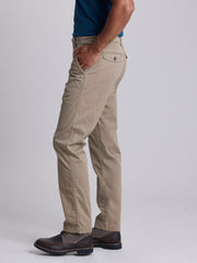 A side profile view of a person wearing beige chinos with a blue shirt and dark brown leather shoes, standing against a light gray studio background. | Dugout